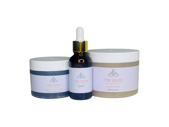 TRI SEED:Combo Package (Hydrating Facial oil 30 ml, Kaolin Clay Charcoal Mask 125g, Sugar Scrub 250g- Milk and Honey )